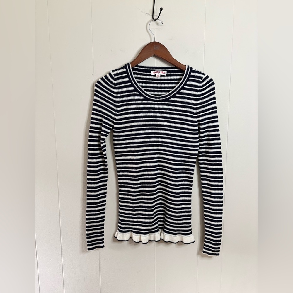 See By Chloe Black & White Striped Ruffle-Hem Crew Sweater